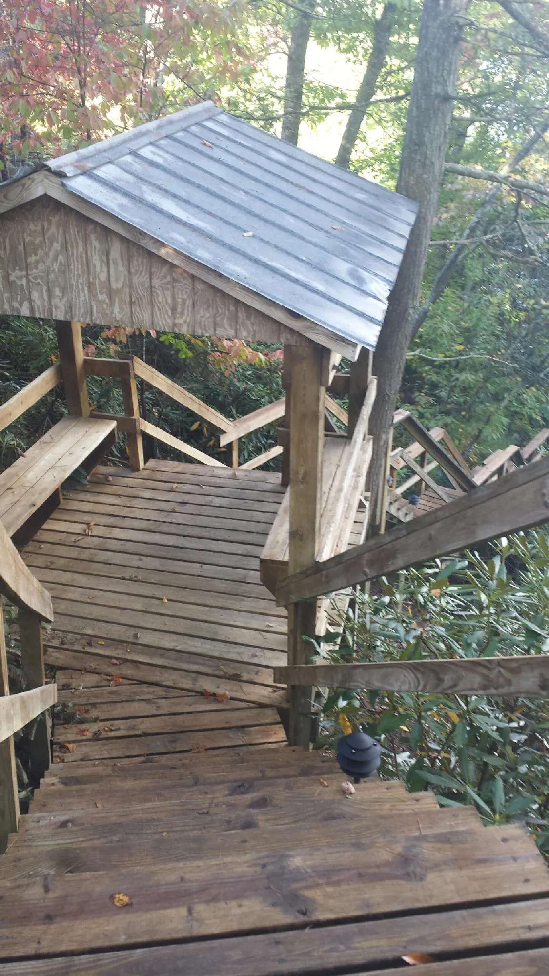 Metal roofed shelter over wooden steps on a wooded walkway — Skylight Repair & Installation work by our crew in Lawson